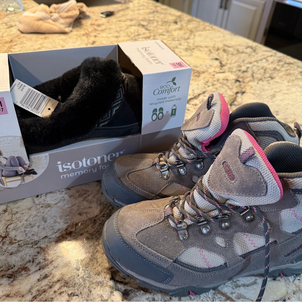 Women’s Hiking Boots Size 6 AND NWT Isotoner Black/GrayMemory Foam Slippers